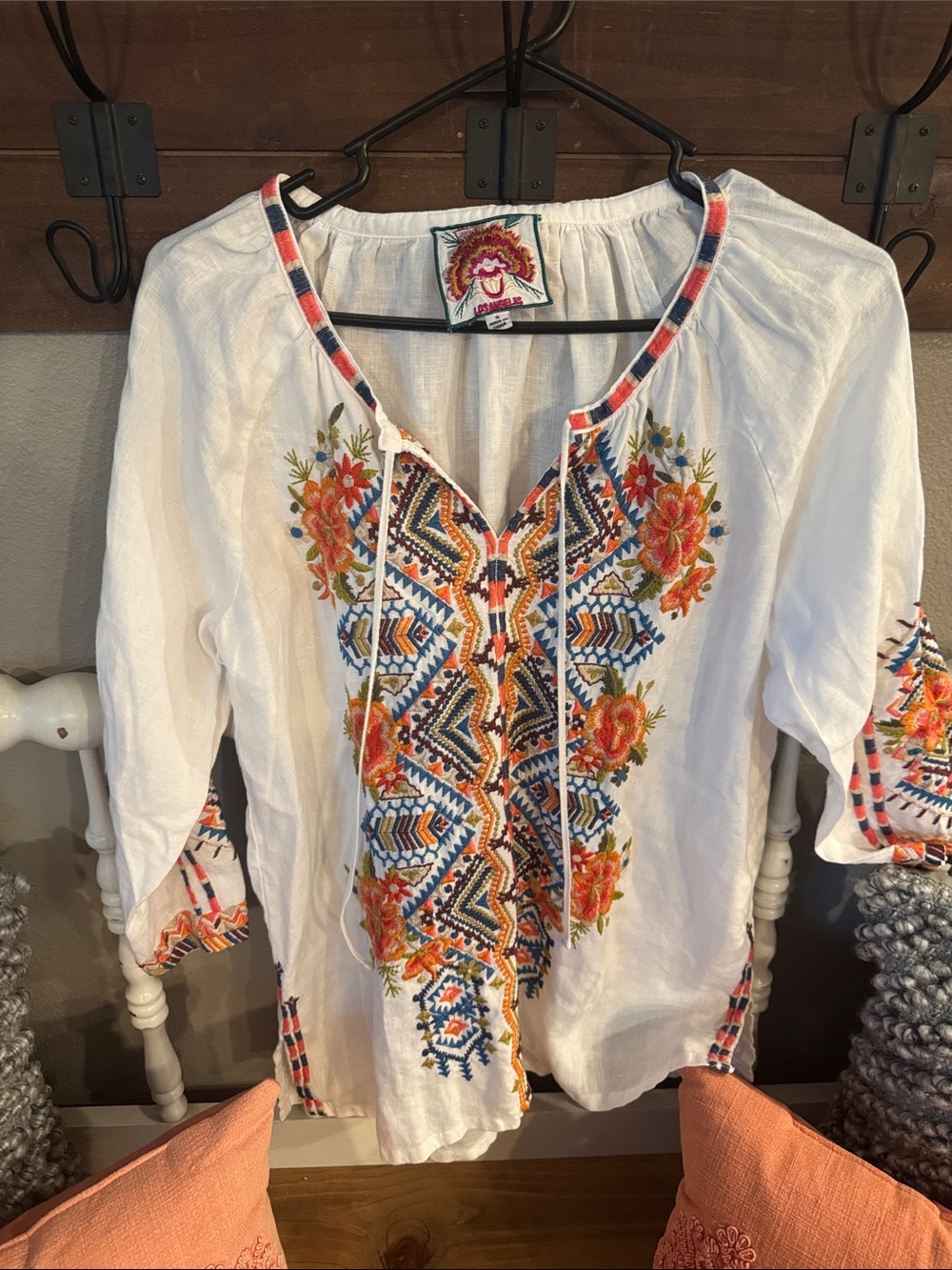 Johnny Was embroidered boho Peasant Top - White with Orange & Blue Floral detail